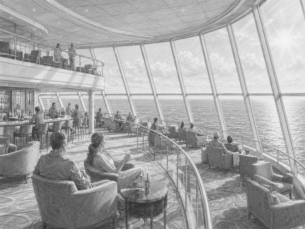 Illustration of the two-deck Observation Lounge aboard Norwegian Bliss