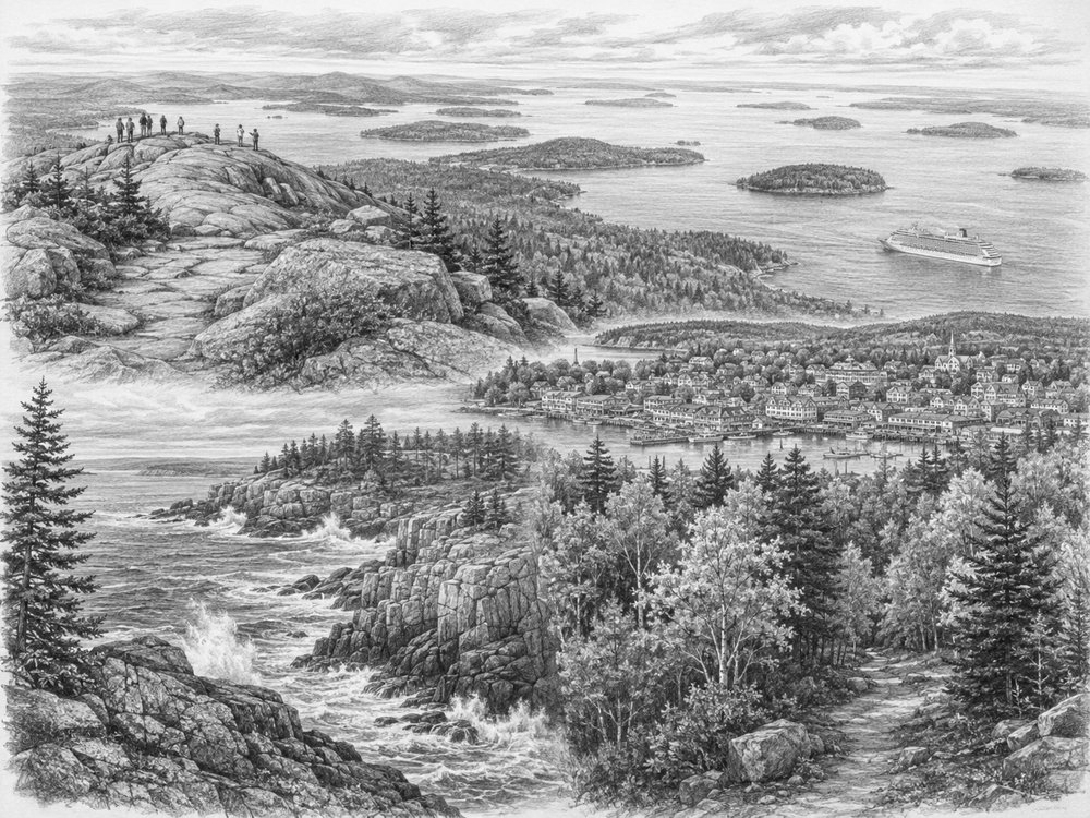 Illustration of Bar Harbor and Acadia seen on a cruise day