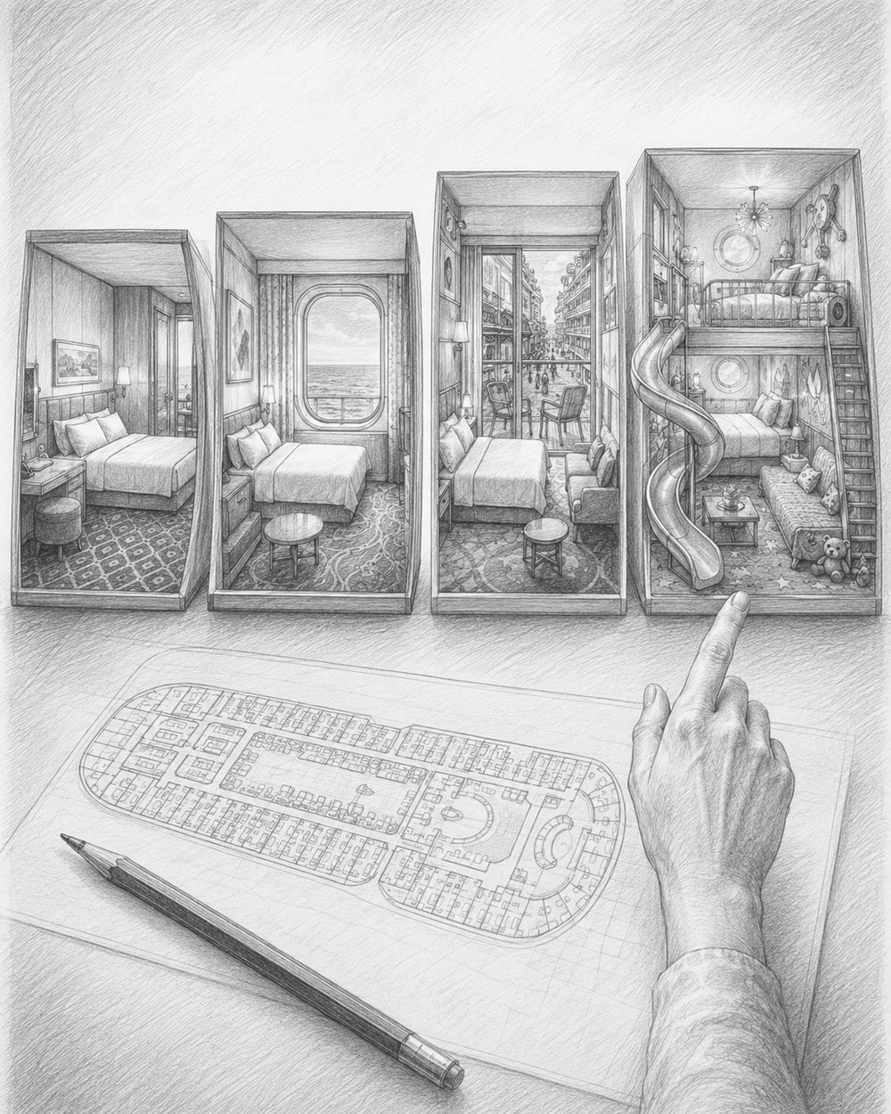 Cutaway illustration comparing interior, ocean view, balcony, and suite cabins on Harmony of the Seas