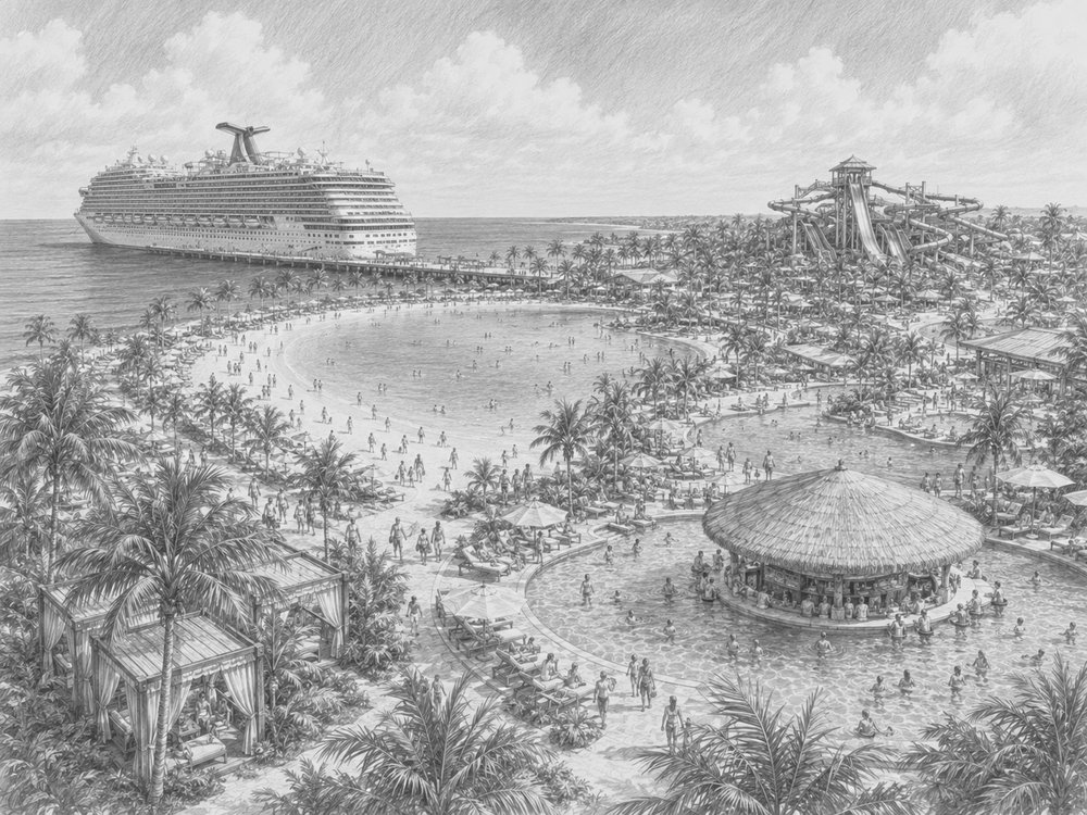 Illustration of Celebration Key seen on a cruise day