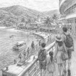 Illustration of a Caribbean port seen from Star of the Seas, with a gangway down to a palm-lined quay
