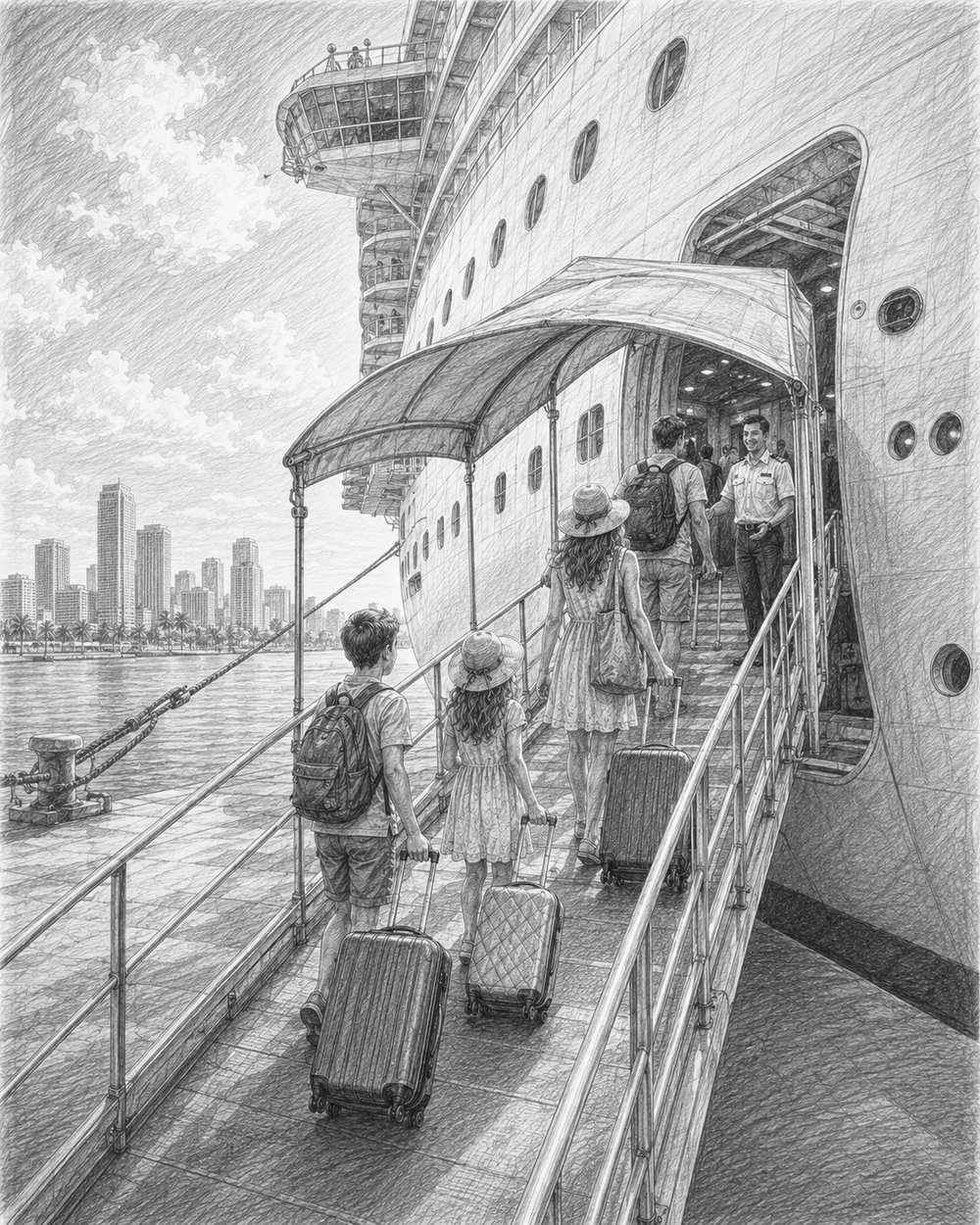 Illustration of guests boarding Harmony of the Seas on embarkation day