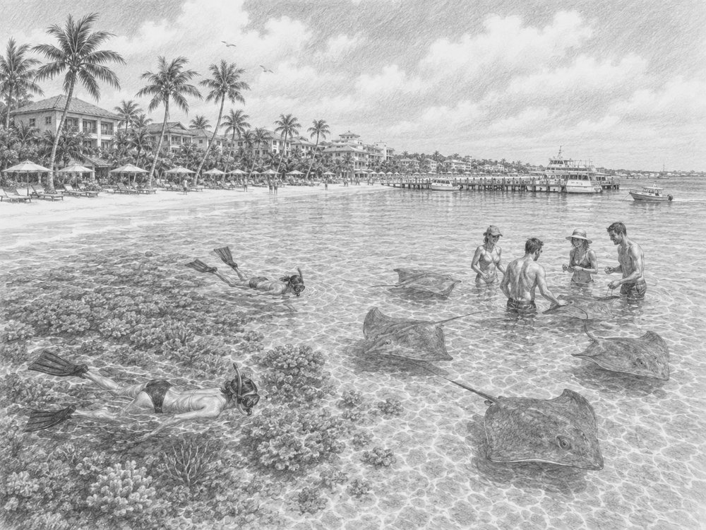 Illustration of Grand Cayman seen on a cruise day