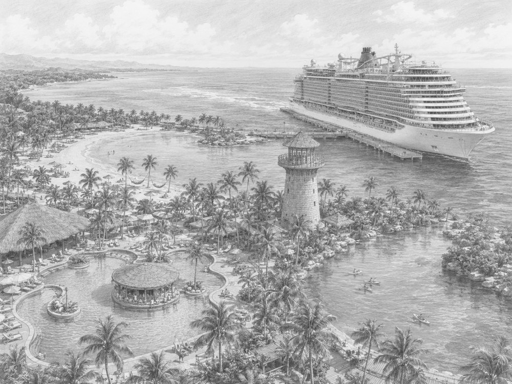 Illustration of Harvest Caye seen on a cruise day