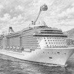 Illustration of Ovation of the Seas at the pier with travelers looking up at the ship