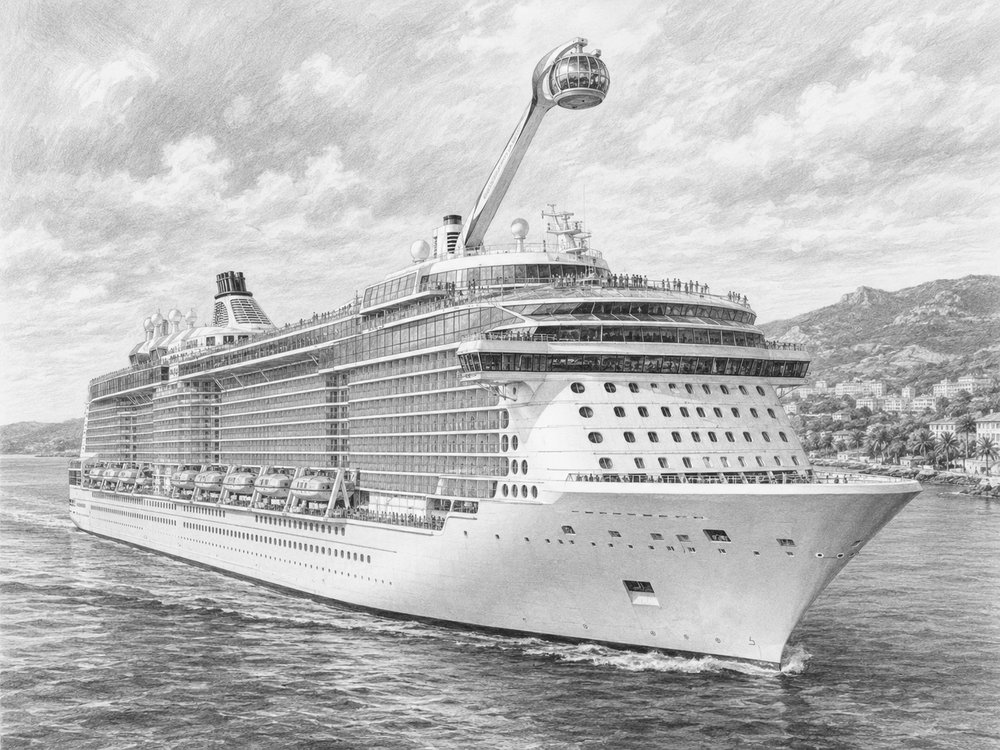 Illustration of Odyssey of the Seas at the pier with travelers looking up at the ship