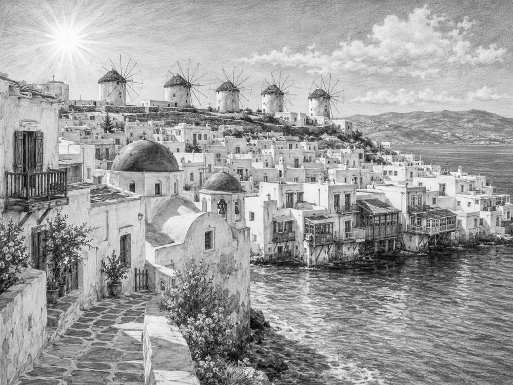 Illustration of Mykonos seen on a cruise day