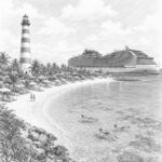 Illustration of Ocean Cay MSC Marine Reserve with beaches and a lighthouse near MSC World America