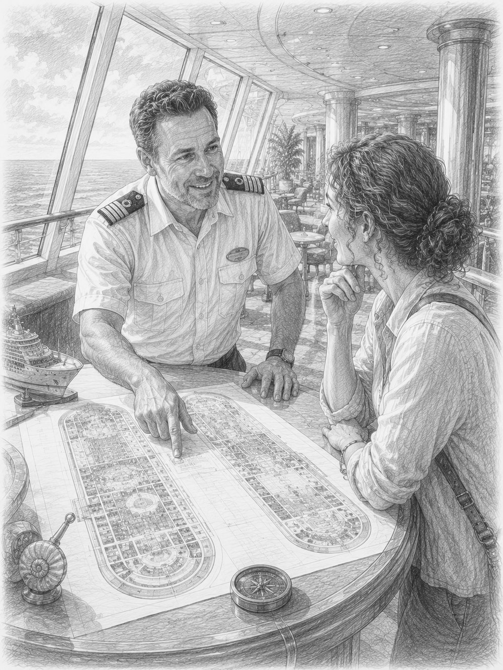 Illustration of a seasoned cruiser sharing advice beside a deck map on Harmony of the Seas