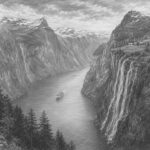 Illustration of a Norwegian fjord with waterfalls seen from Nieuw Statendam