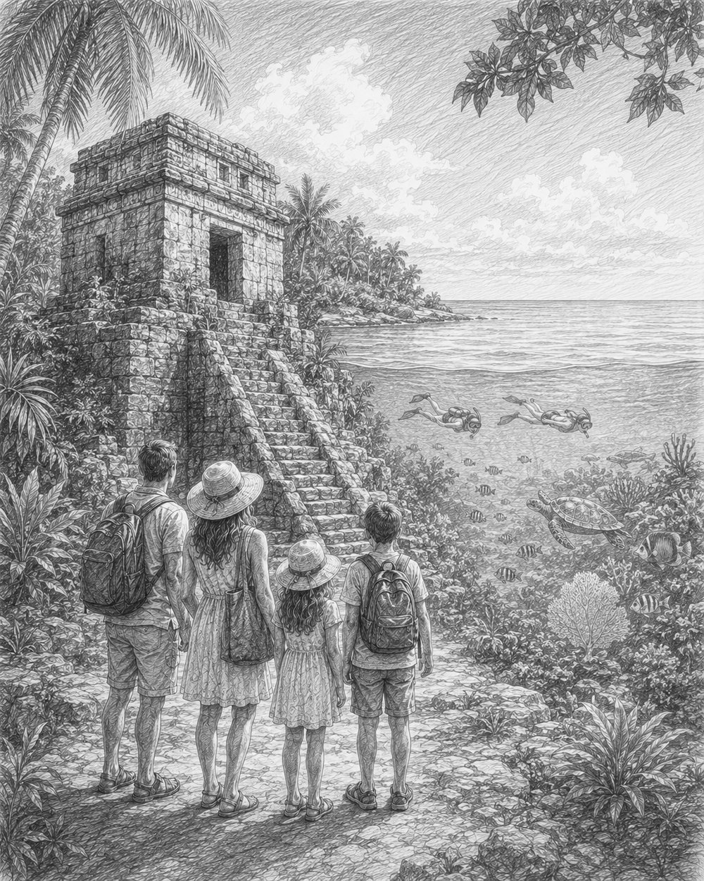 Illustration of a Cozumel reef and beach club on a Carnival Celebration cruise