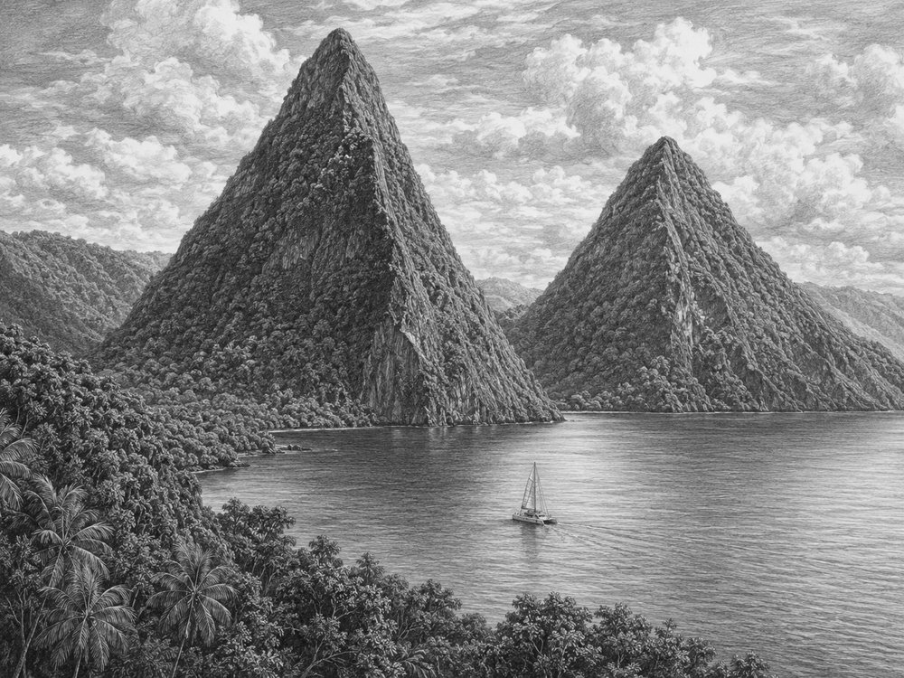 Illustration of the Pitons of St. Lucia on a Celebrity Ascent Southern Caribbean cruise