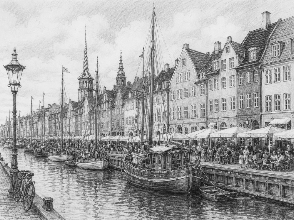 Illustration of Copenhagen's Nyhavn on a Nieuw Statendam Baltic cruise