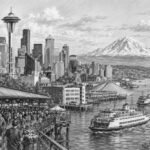 Illustration of the Seattle waterfront and Space Needle before a Celebrity Edge Alaska cruise