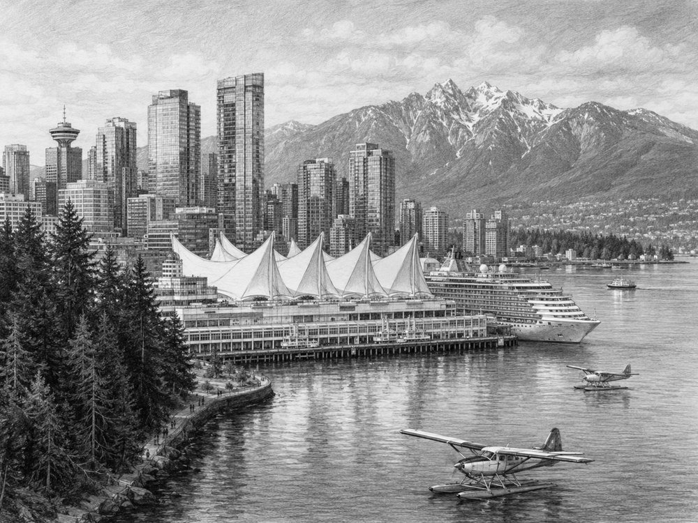 Illustration of the Vancouver waterfront and Stanley Park before a Koningsdam Alaska cruise