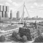 Illustration of Rotterdam's Erasmusbrug and modern skyline before a Nieuw Statendam cruise