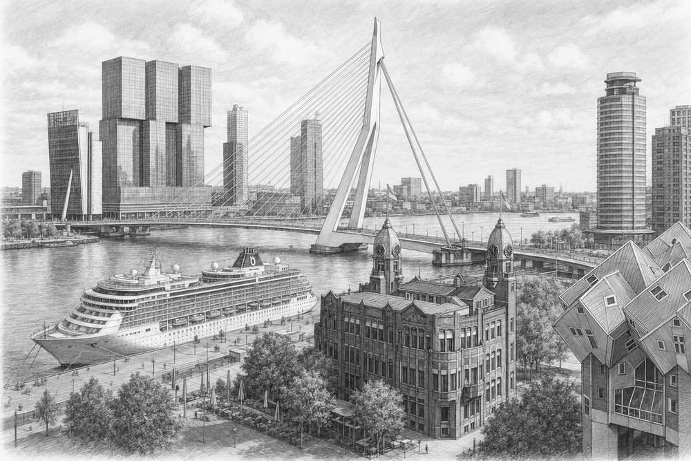 Illustration of Rotterdam's Erasmusbrug and modern skyline before a Nieuw Statendam cruise