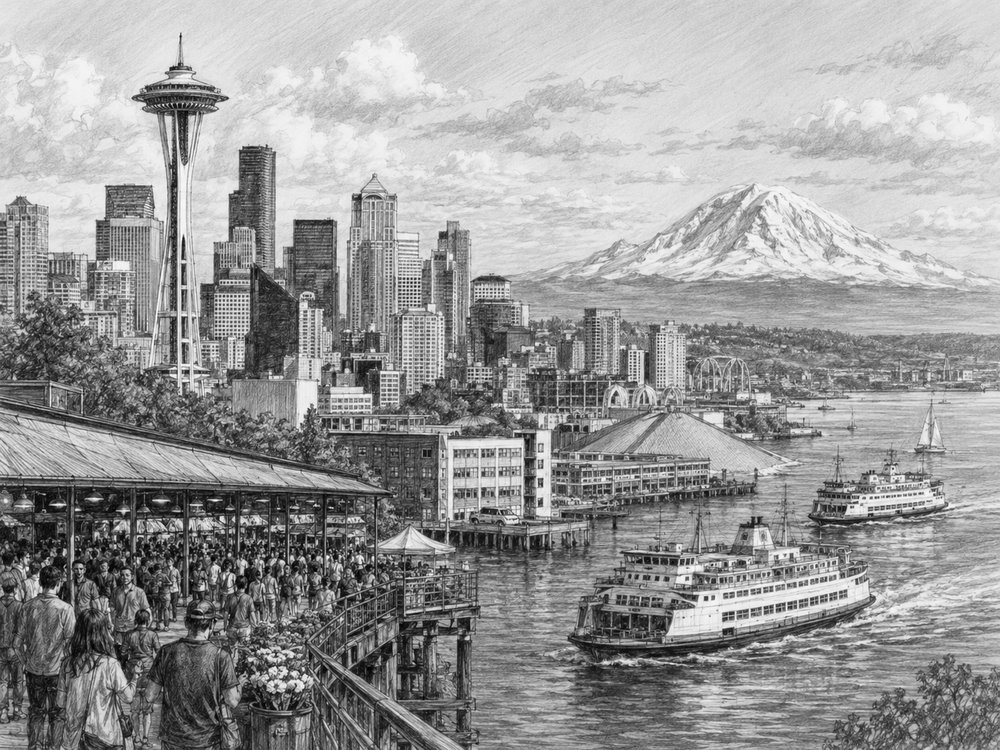 Illustration of the Seattle waterfront and Space Needle before a Star Princess Alaska cruise