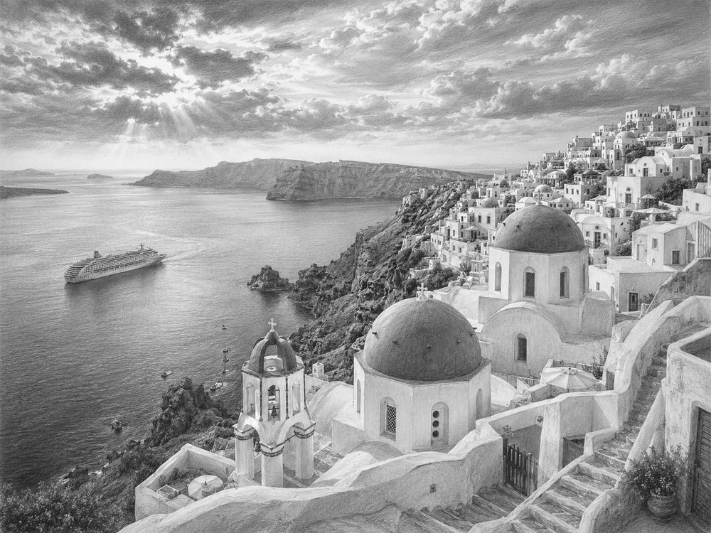 Illustration of Santorini seen on a cruise day