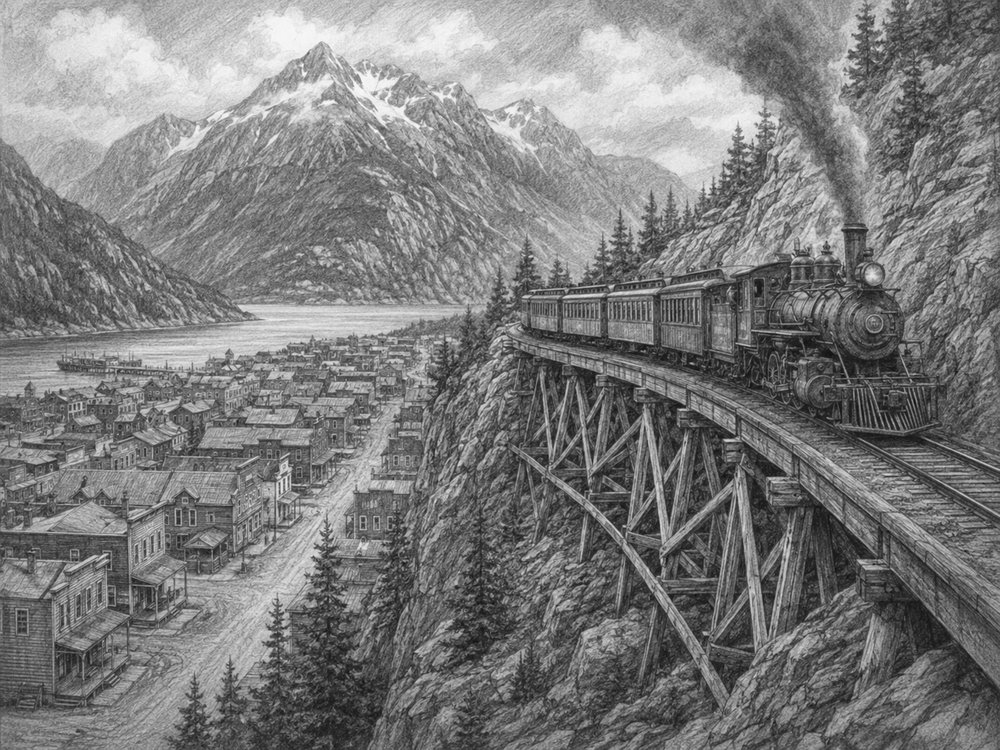 Illustration of Skagway seen on a cruise port day
