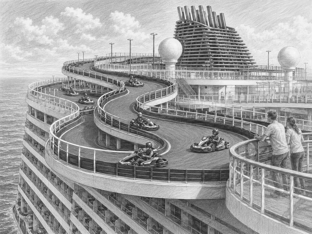 Illustration of the three-level Speedway go-kart racetrack aboard Norwegian Encore