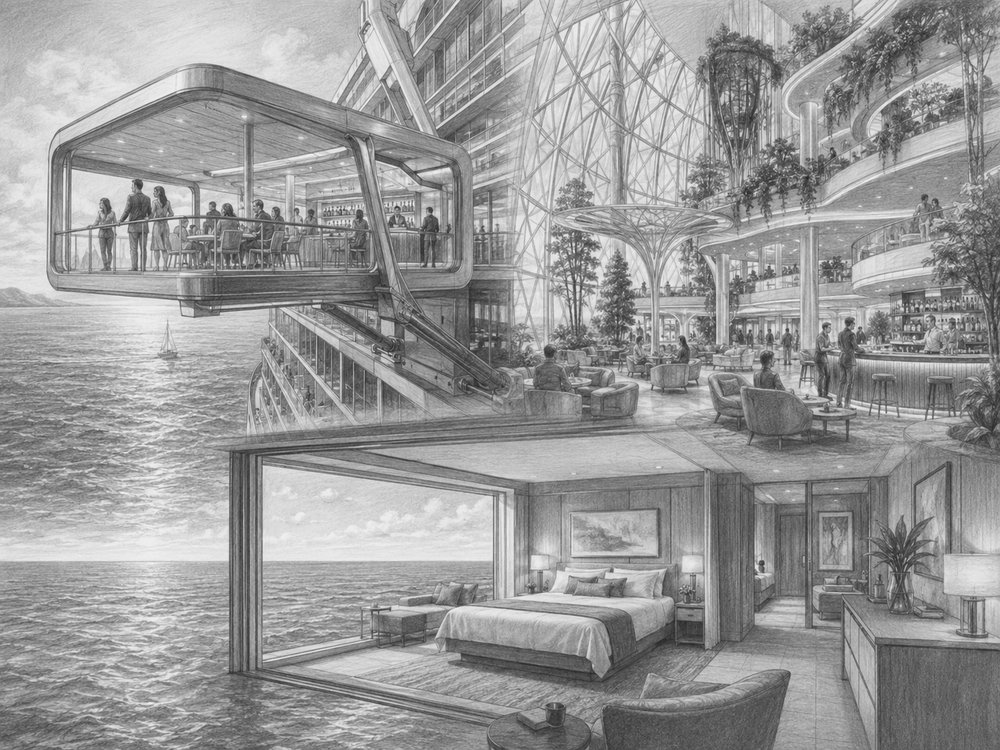 Illustration of the Magic Carpet platform on the side of Celebrity Edge