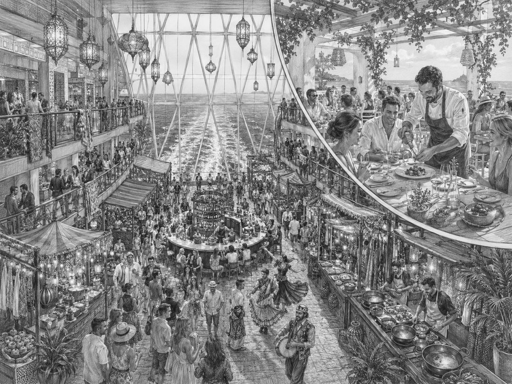 Illustration of the multi-level Bazaar market at the stern of Celebrity Xcel