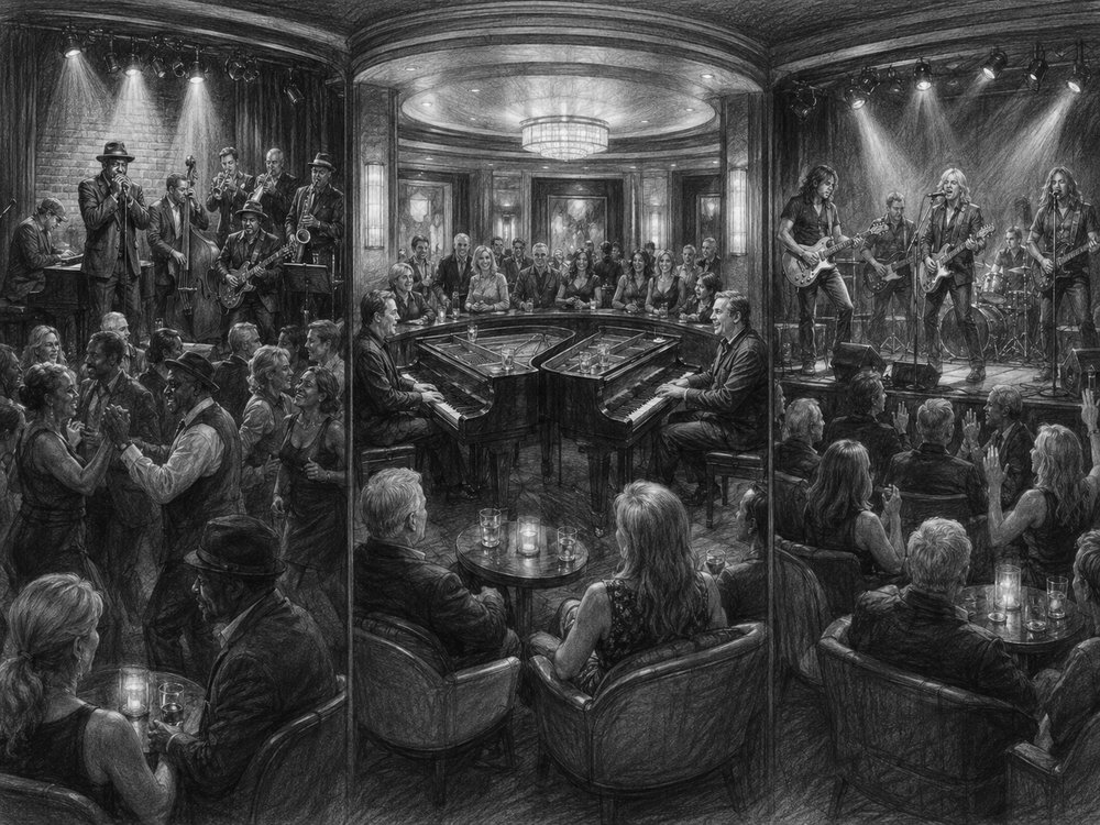 Illustration of the Rolling Stone Rock Room and Music Walk aboard Koningsdam