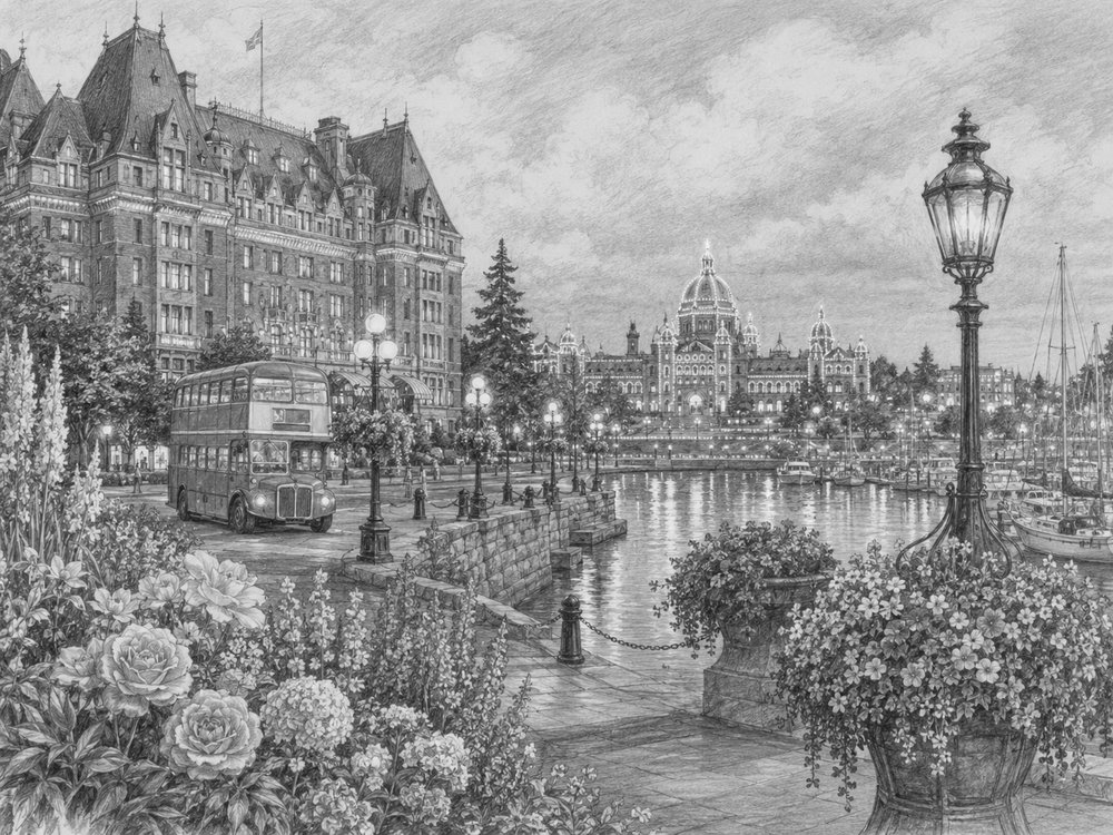 Illustration of Victoria, BC seen on a cruise port day